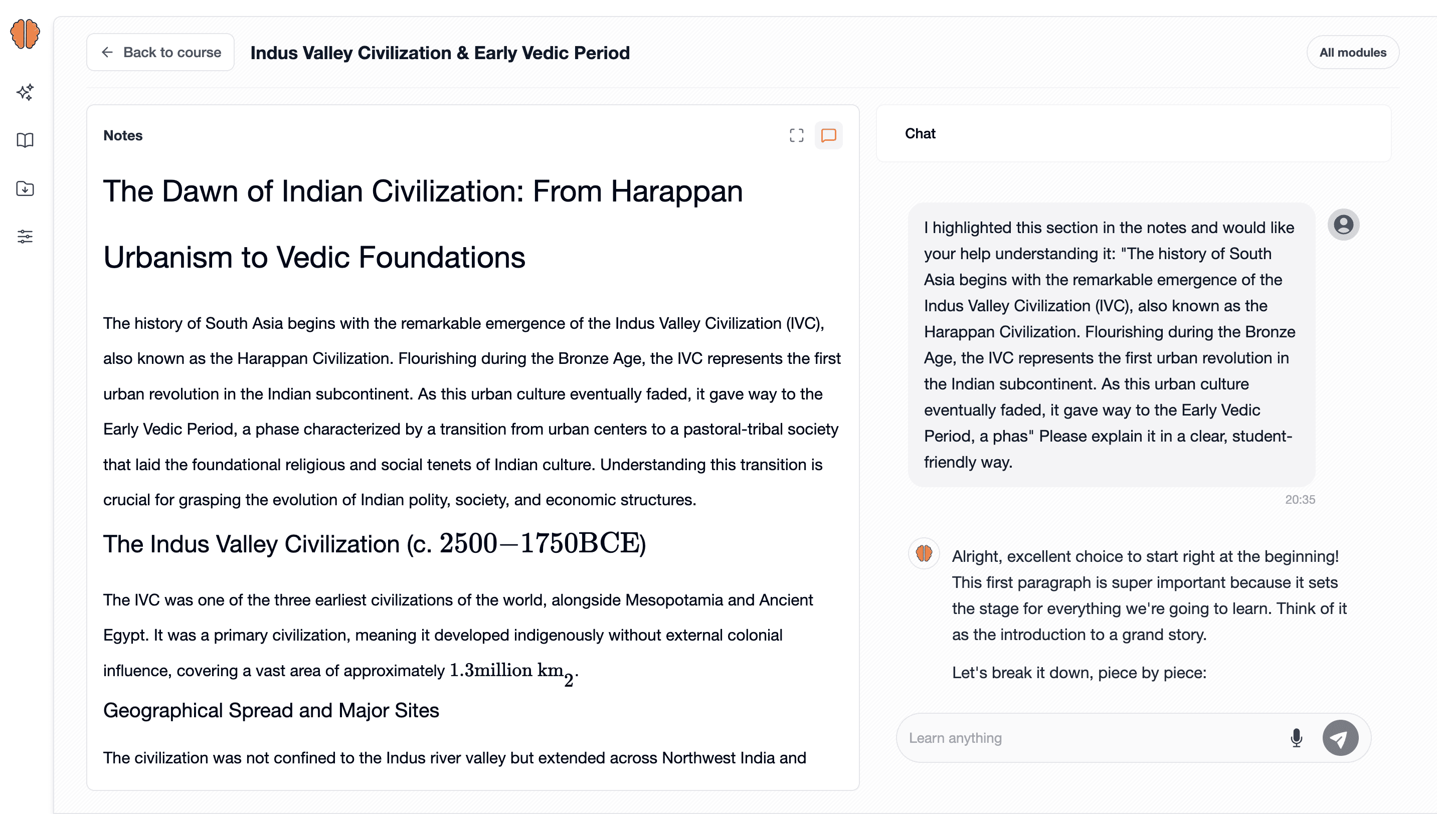 SensAI notes and chat workspace helping a learner understand highlighted content.